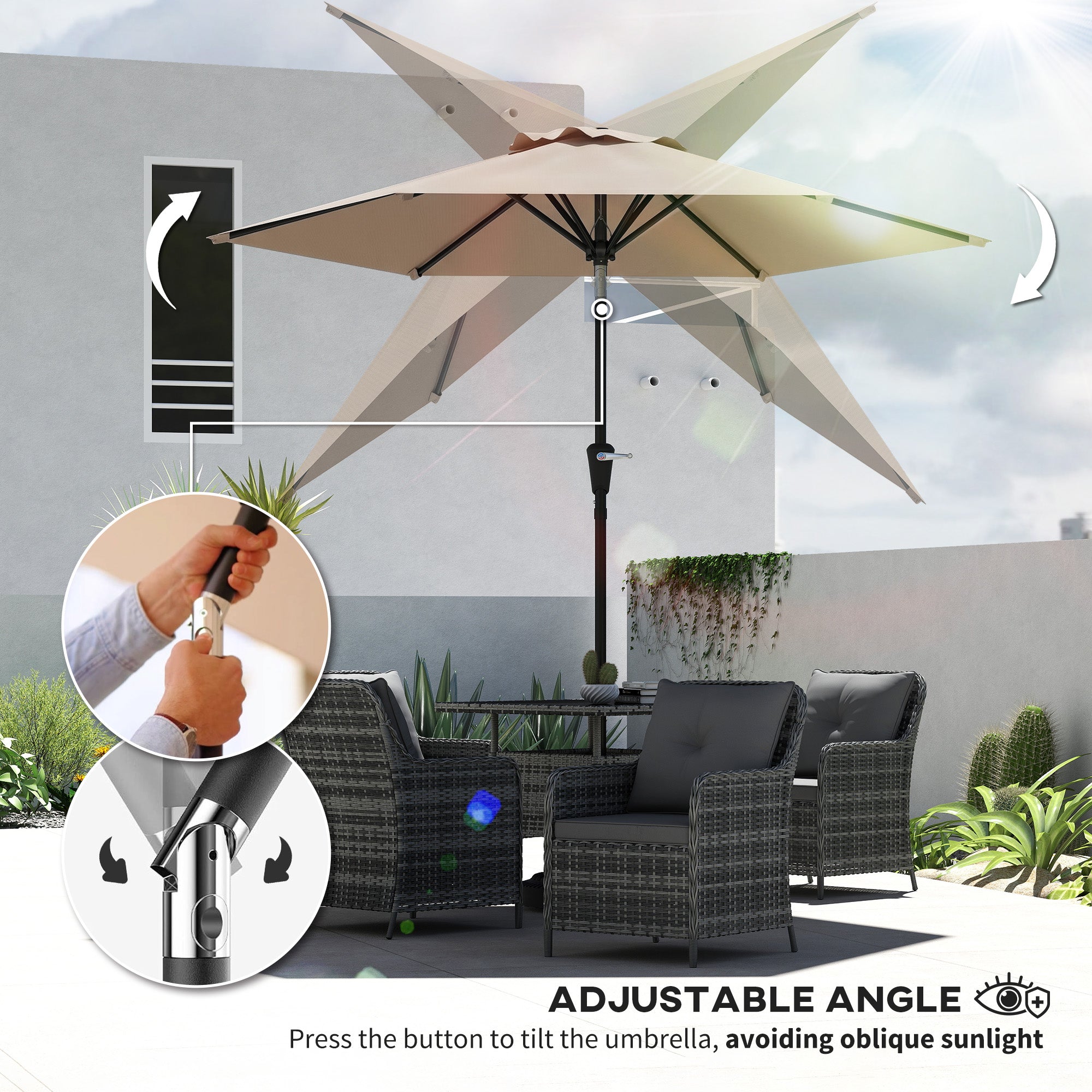 Patio Sun Umbrella, Outdoor Parasol with 6 Ribs, Khaki
