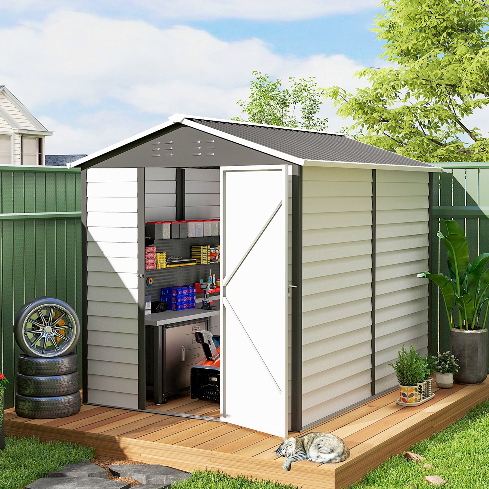 9' x 6' Garden Shed, Outdoor Storage Patio Shed w/ Sloped Roof, Lockable Door for Patio Lawn, Dark Grey