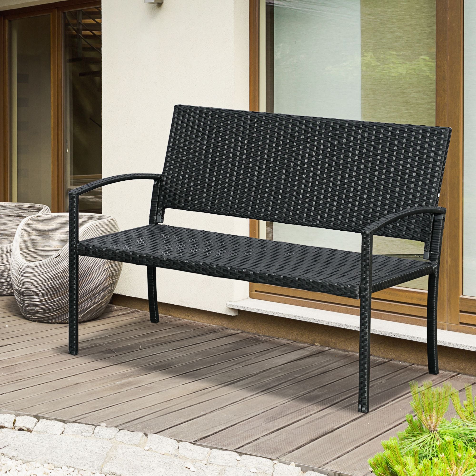 Rattan Wicker Loveseat Garden Bench Hand Woven Portable Backyard Black