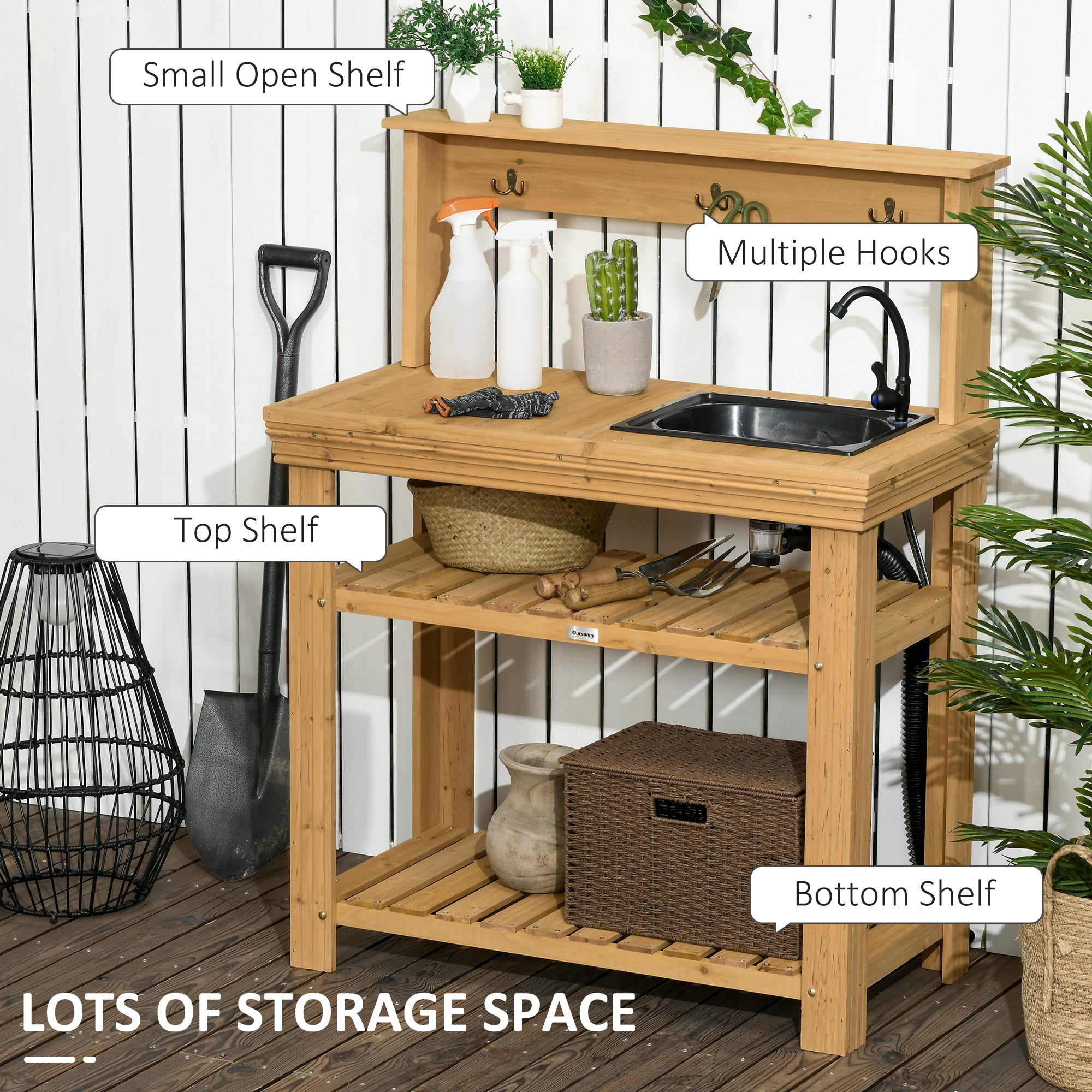 Outdoor Potting Bench Table with Faucet, Removable Sink, Hooks and Storage Shelves, Wood Work Bench Workstation for Greenhouse, Garden, Patio, Yellow