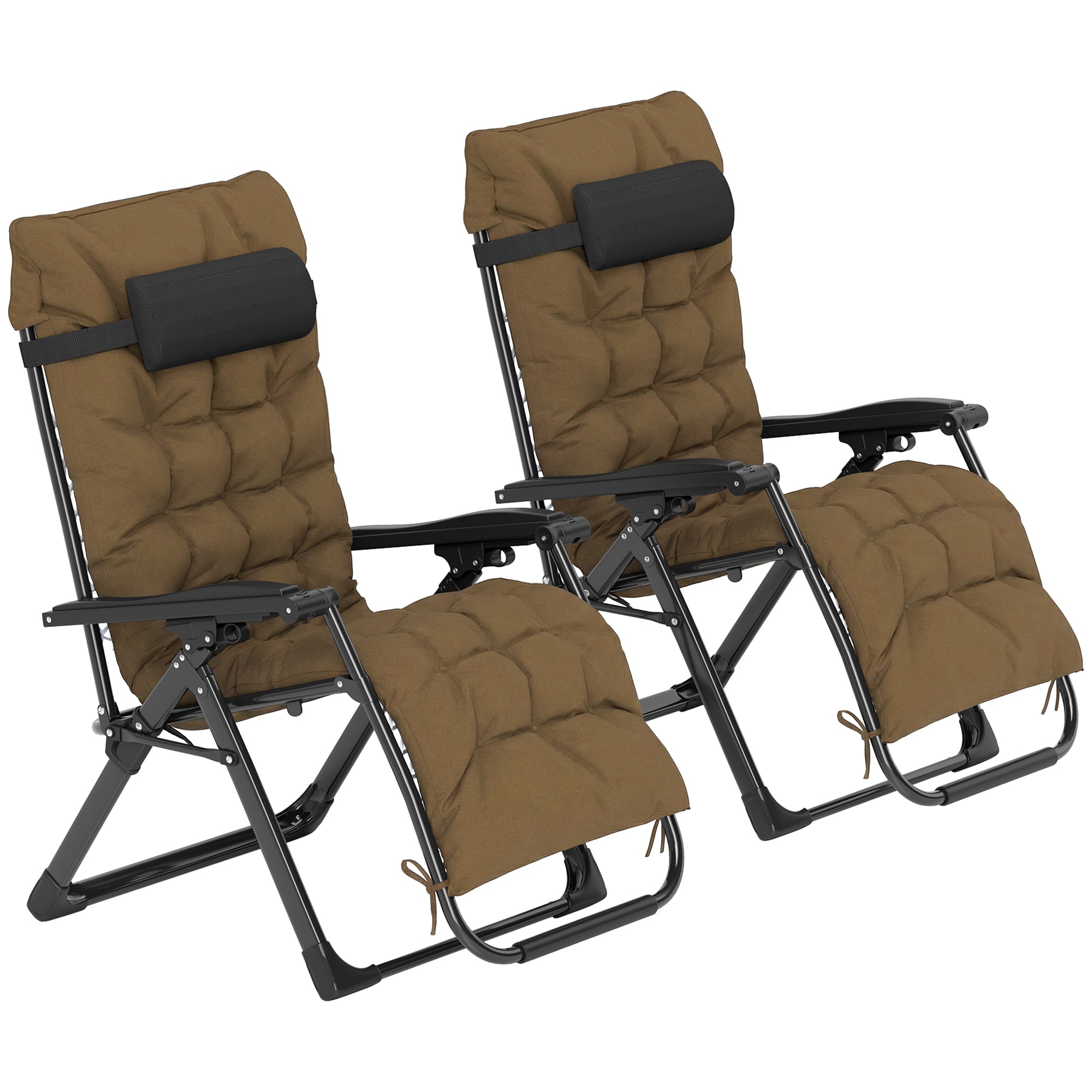 Folding Garden Chairs Set of 2, Reclining Zero Gravity Chair, Sun Lounger with Cushion and Headrest, Khaki