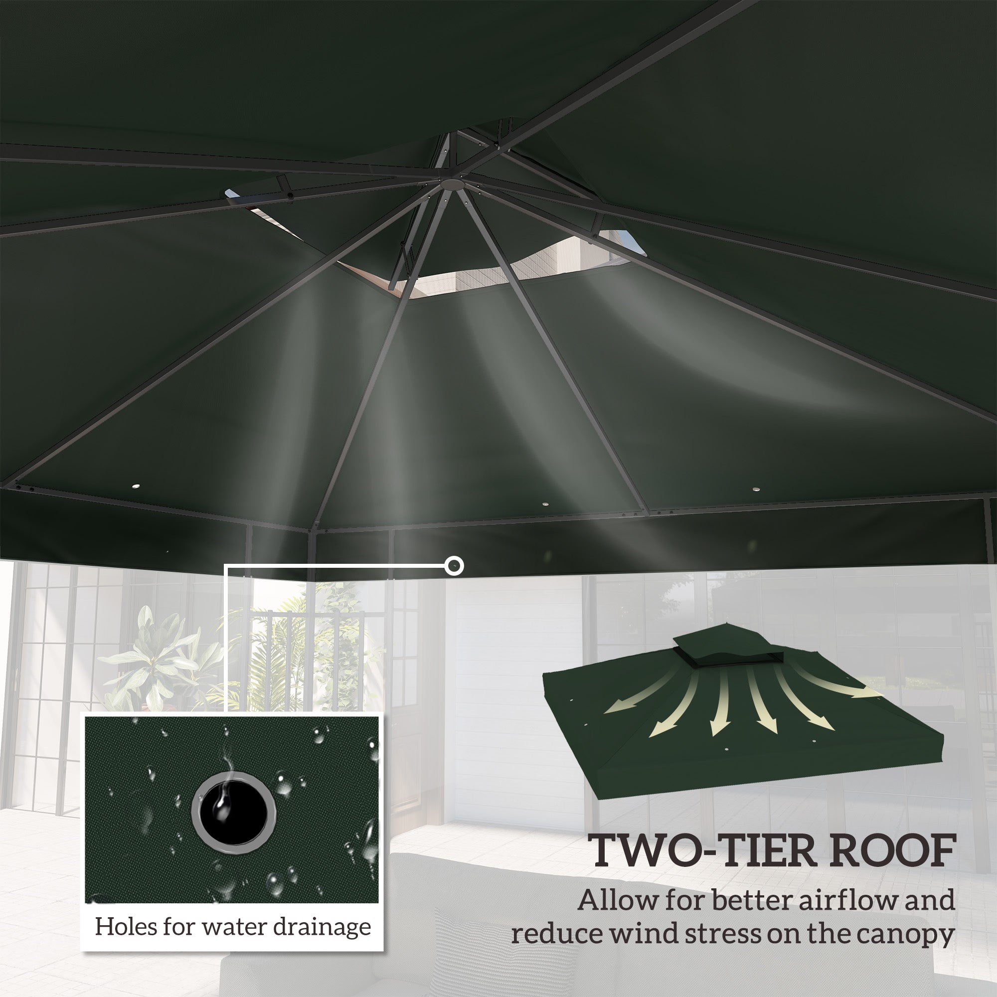 10' x 10' Gazebo Canopy Replacement Cover, 2-Tier Garden Gazebo Roof Replacement, UPF30+, TOP COVER ONLY, Green