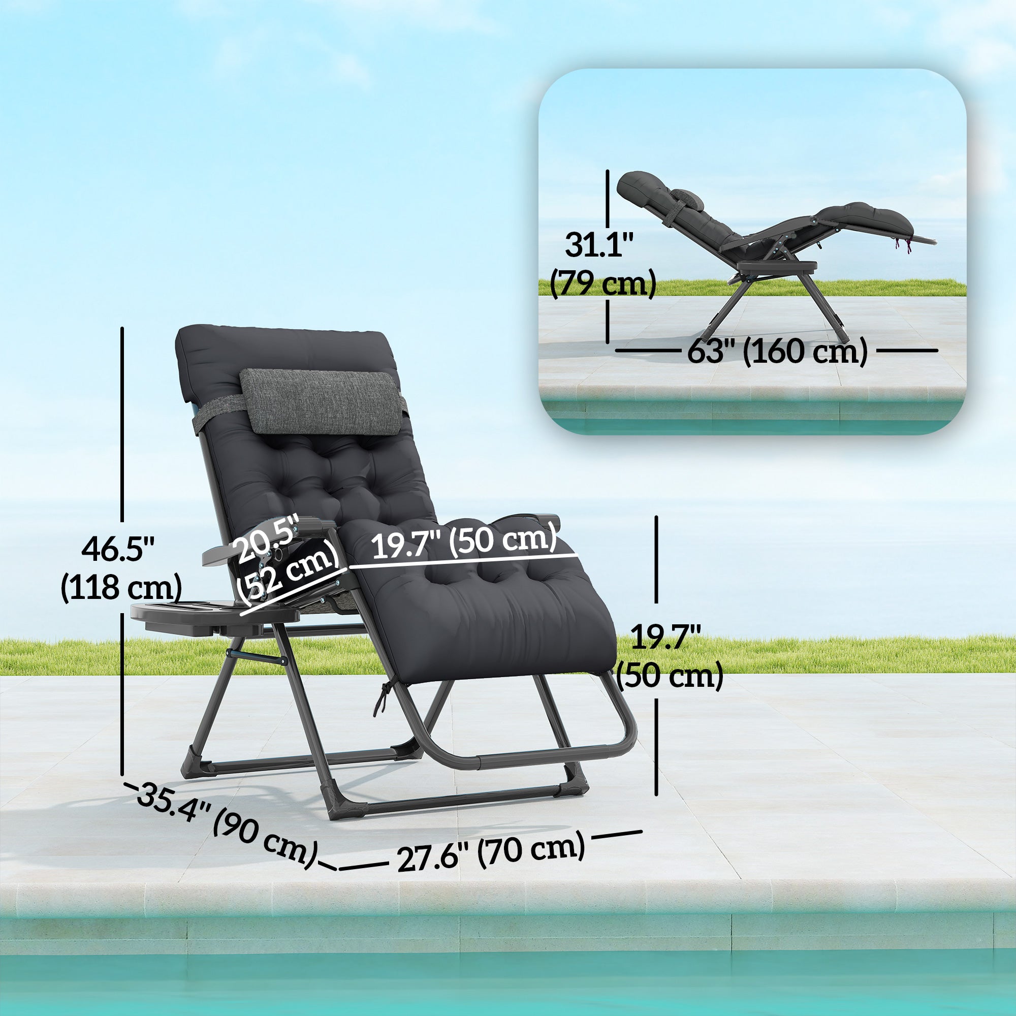 Padded Folding Recliner Chair, Patio Lounger with Cupholder, Adjustable Backrest, Removable Cushion, Black