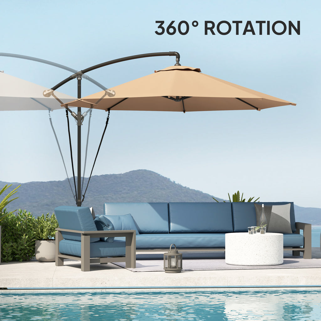 9.5' Cantilever Umbrella with Wind Protection Strap and Cover, Hanging Umbrella with Crank and Cross Base, Khaki