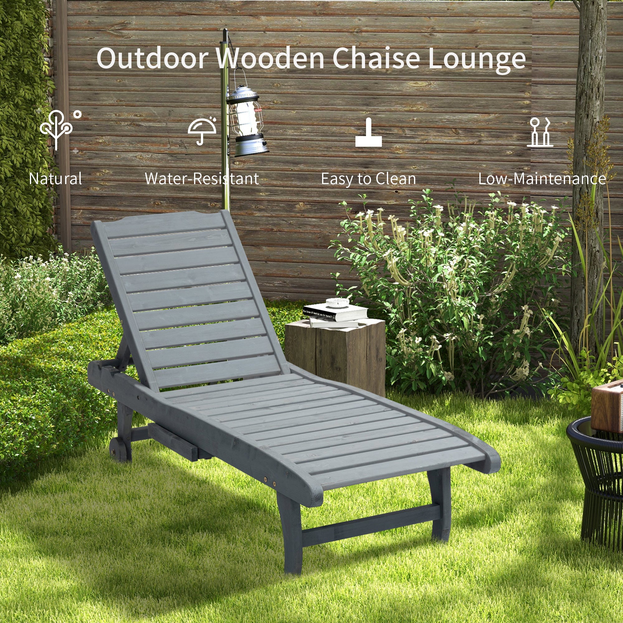 Adjustable Lounge Chair, Outdoor Patio Chaise Recliner with Pull-out Tray and 2 Wheels