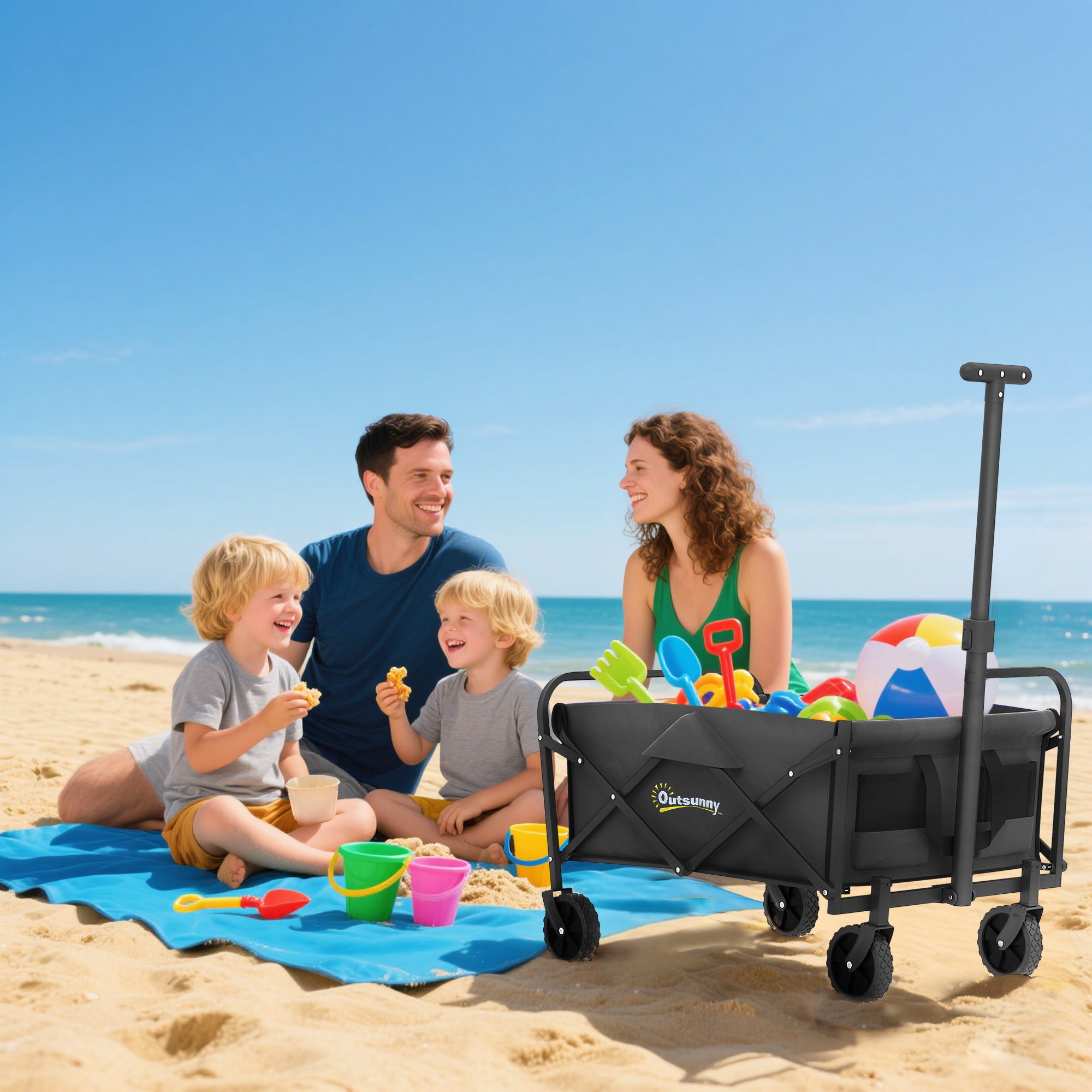 Collapsible Folding Garden Cart, Heavy Duty Lawn Wagon with Universal Wheels and Adjustable Handle, Black
