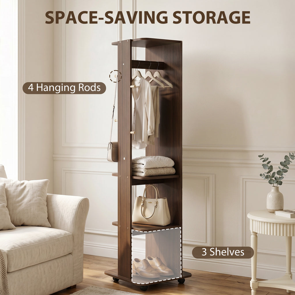 15" x 62" Full Length Mirror, Tempered Glass Floor Mirror on Wheels with Storage Shelves, Coat Hangers, Brown Wood Grain