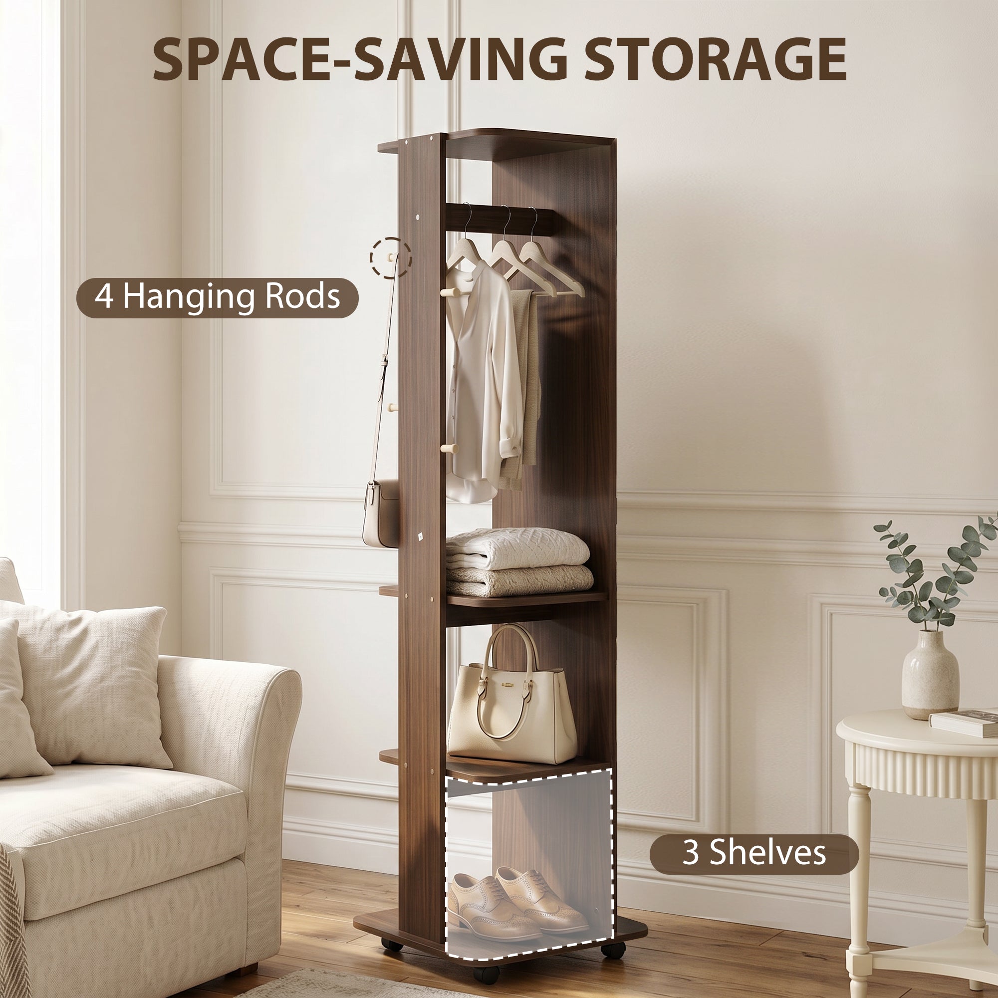 15" x 62" Full Length Mirror, Tempered Glass Floor Mirror on Wheels with Storage Shelves, Coat Hangers, Brown Wood Grain