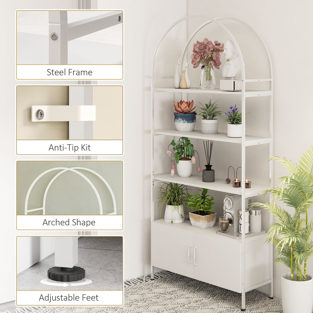 4-Tier Arched Shelving Unit with Cabinet, Bookshelf for Living Room, Office, 31.5" x 11.8" x 73.6", White