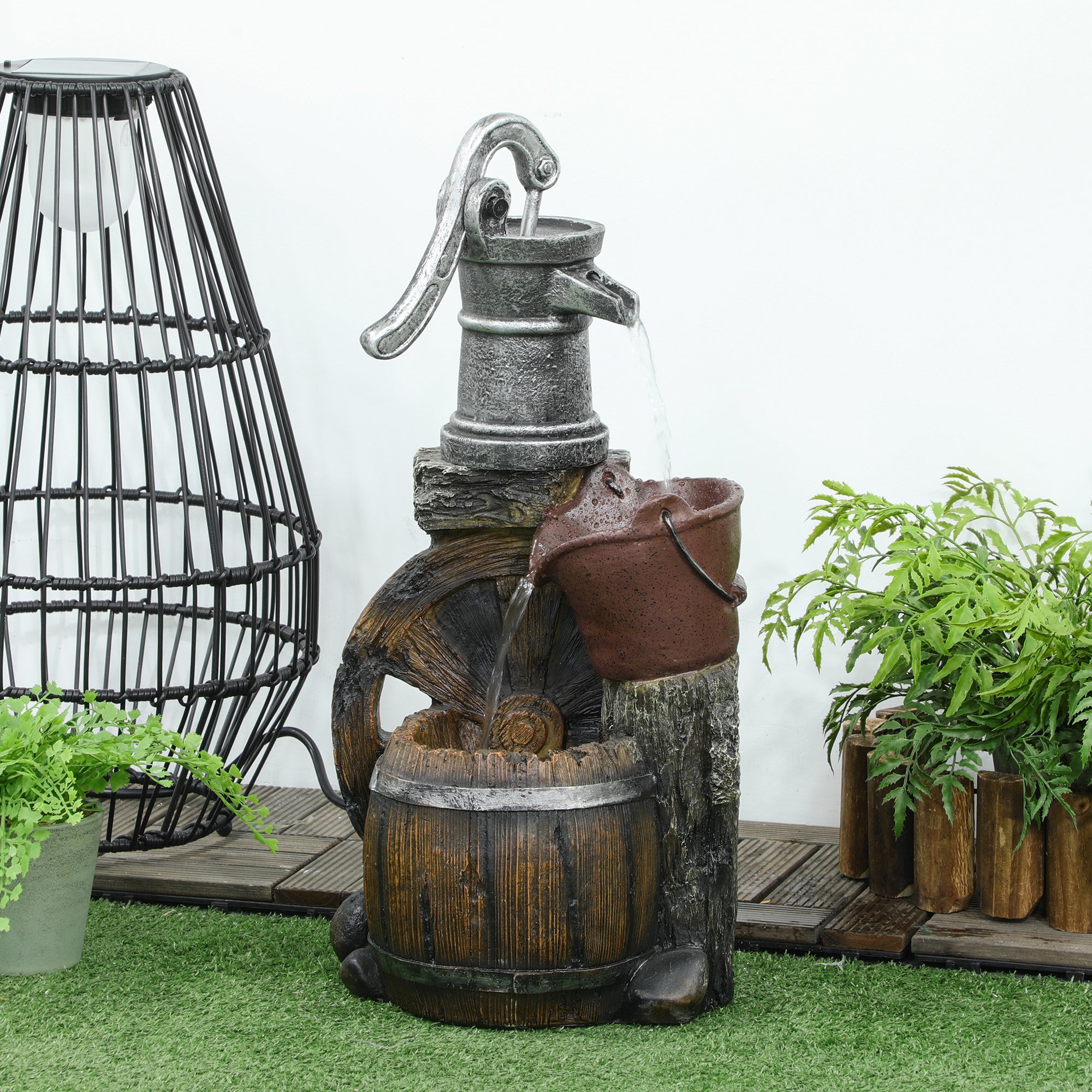 Rustic Waterfall Fountain with Old Fashion Pump Barrel Wheel, 3-Tier Cascading Outdoor Fountain with Adjustable Flow, Decorative Water Feature for Zen Garden, Deck, Porch