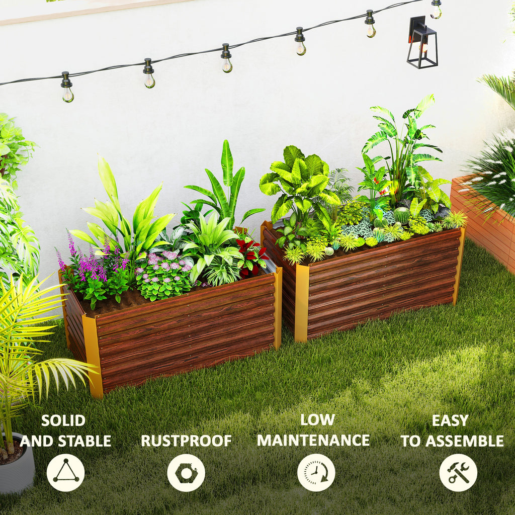Set of 2 Galvanized Metal Planters for Outdoor Plants, 4' x 2' x 2' Raised Garden Bed, Distressed Dark Brown