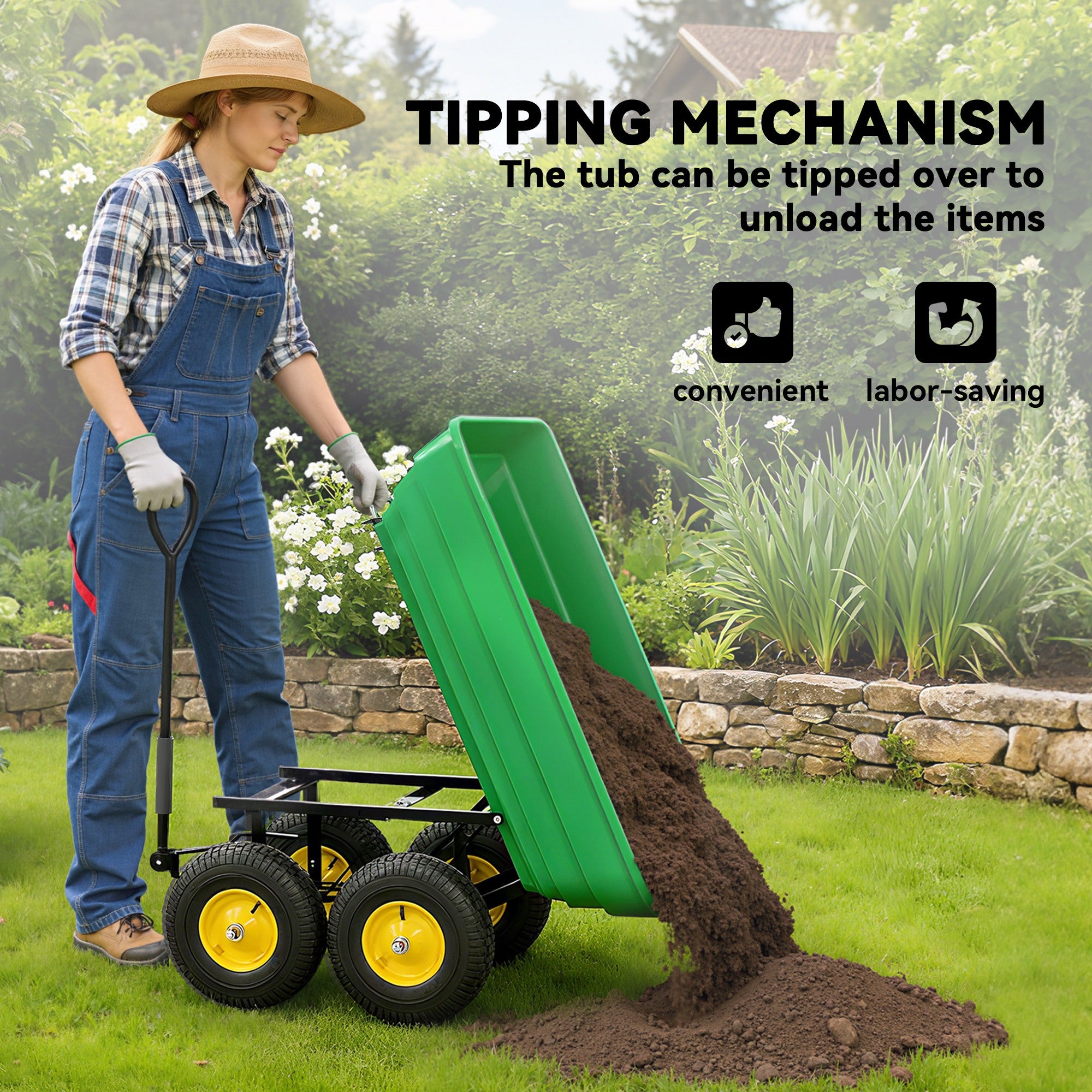 Garden Dump Cart Heavy Duty 440lbs Wagon with Steel Frame and 10'' Pneumatic Tires, Green