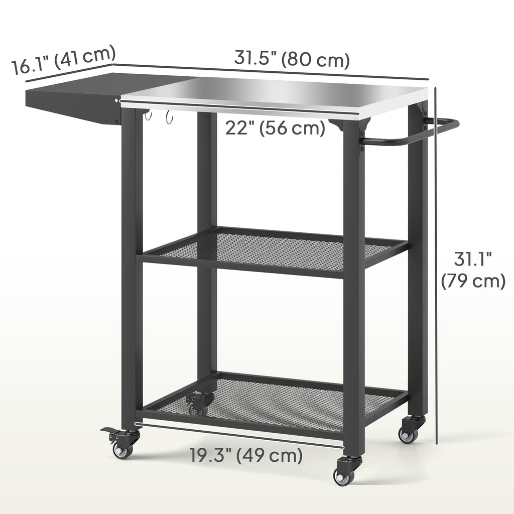 Outdoor Grill Cart w/ Foldable Side Table, 3-Tier Pizza Oven Stand w/ Stainless Steel Tabletop, Hooks, Wheels