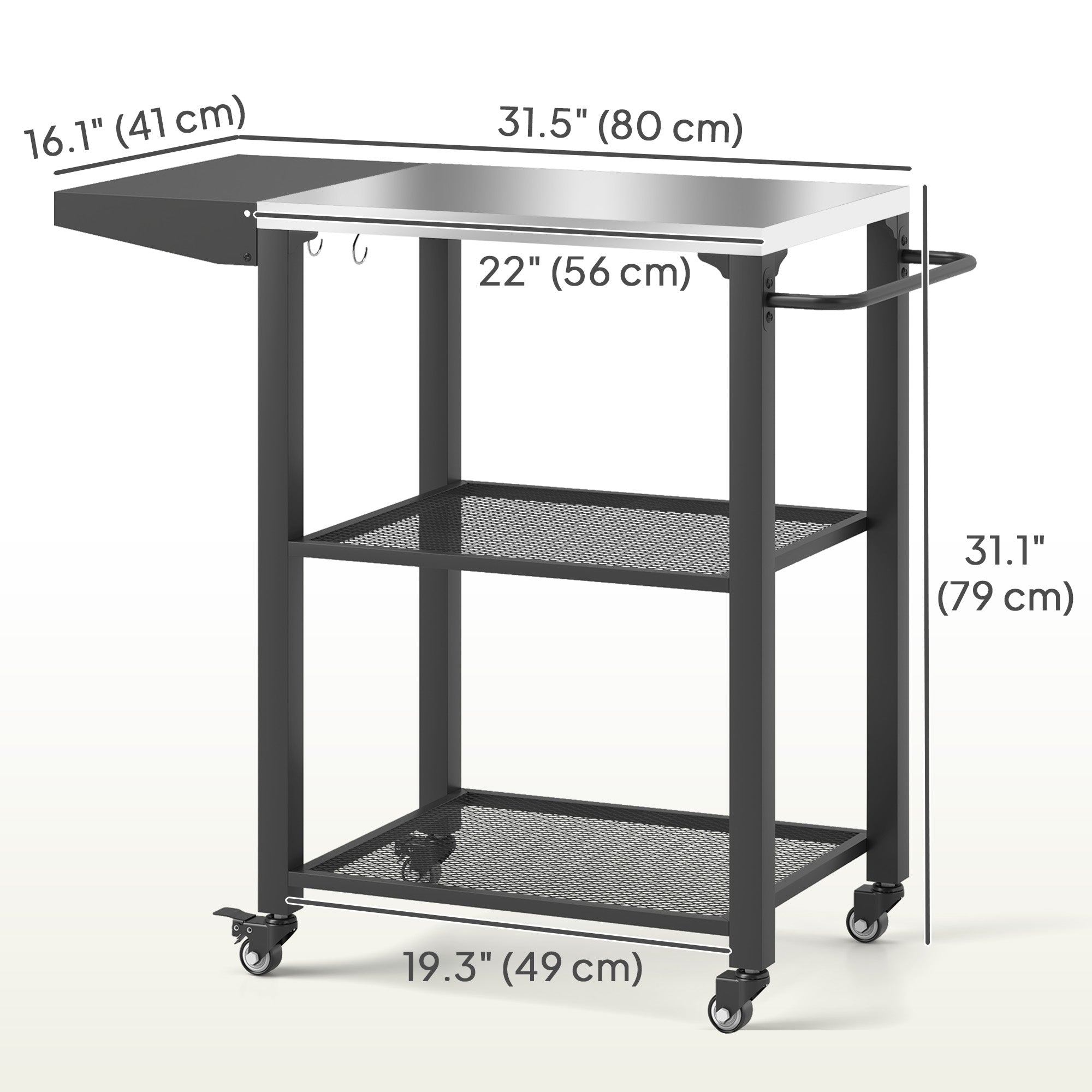 Outdoor Grill Cart w/ Foldable Side Table, 3-Tier Pizza Oven Stand w/ Stainless Steel Tabletop, Hooks, Wheels