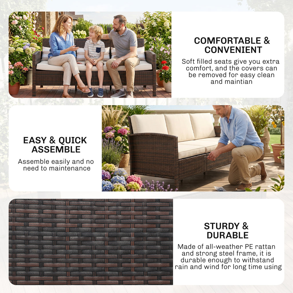 3-Seater Wicker Sofa, PE Rattan Outdoor Couch Conversation Furniture with Removable Cushions for Patio, Garden, Brown