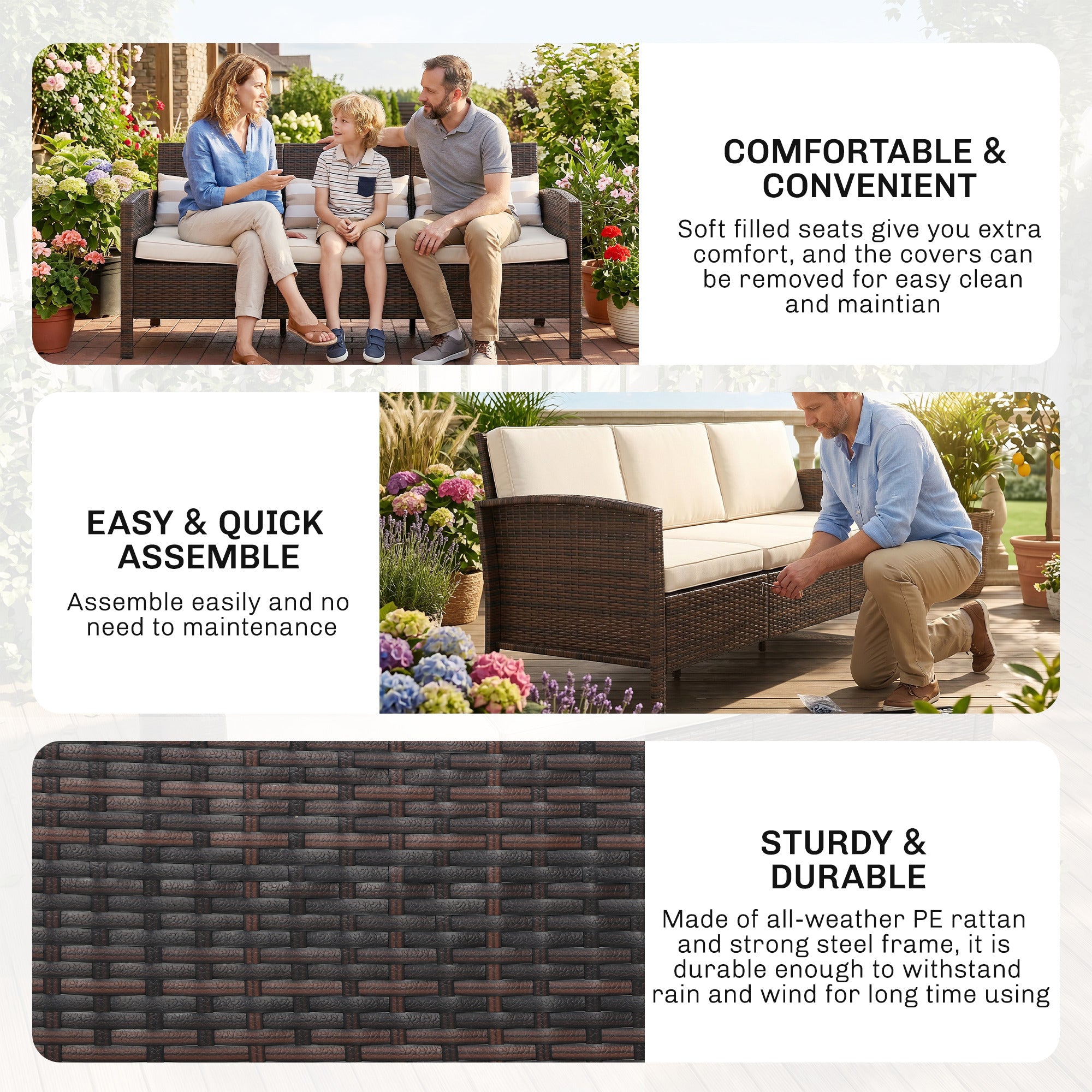 3-Seater Wicker Sofa, PE Rattan Outdoor Couch Conversation Furniture with Removable Cushions for Patio, Garden, Brown