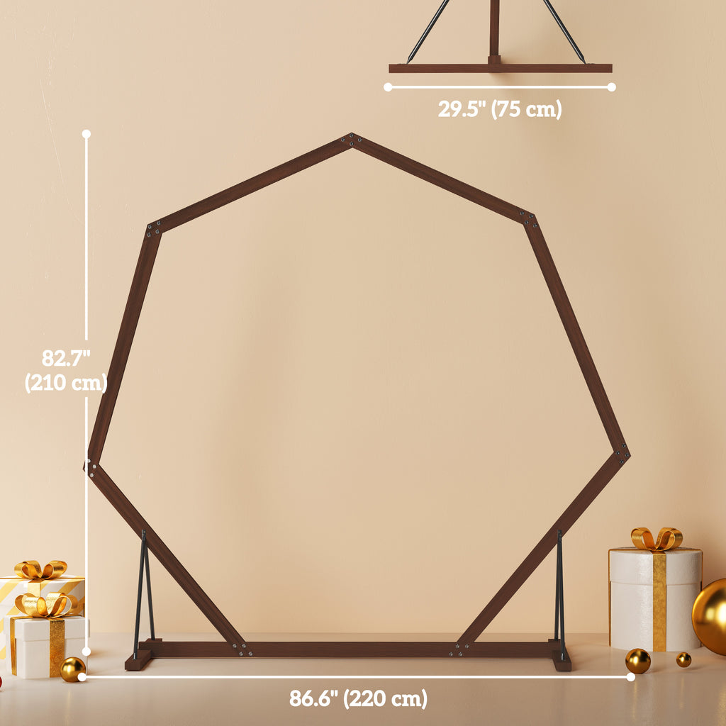 7FT Heptagon Wooden Wedding Arch with Triangular Base, Ground Stakes for Ceremony, Garden, Birthday, Brown