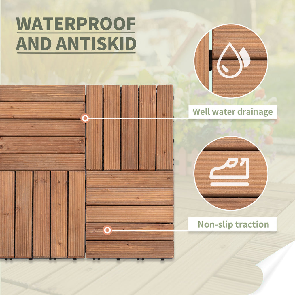 27 Pcs Wood Interlocking Deck Tiles, 12 x 12in Outdoor Flooring Tiles for Indoor and Outdoor Use, Tools Free Assembly, Brown