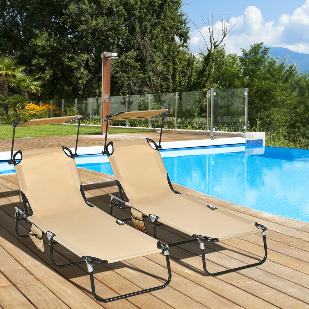 2 Piece Folding Outdoor Chaise Lounges, Pool, Sun, Tanning Chairs with Reclining Back, Sunshade for Beach, Patio, Tan