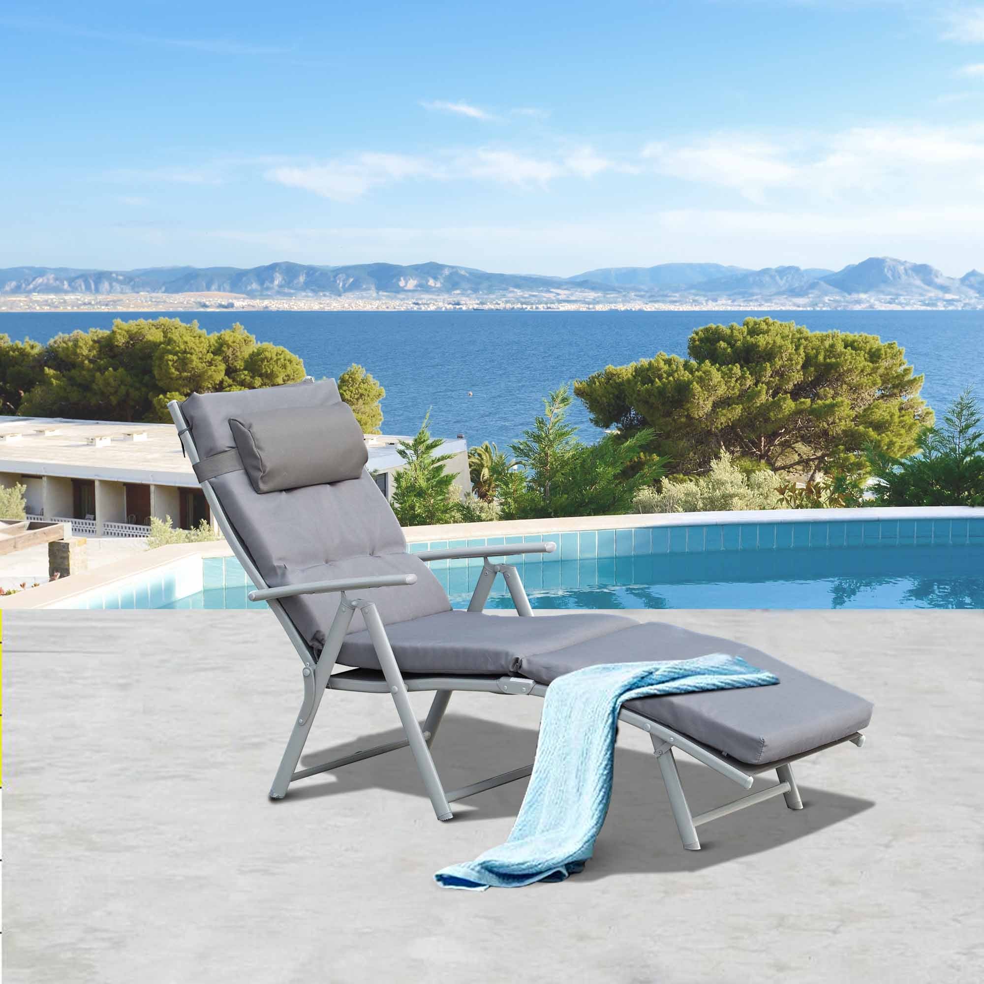 Lounge Chair Outdoor, Folding Patio Chaise Lounger, 360 lbs 7-Position Adjustable Back Outdoor Recliner with Cushion, Headrest for Garden, Backyard, Poolside, Grey