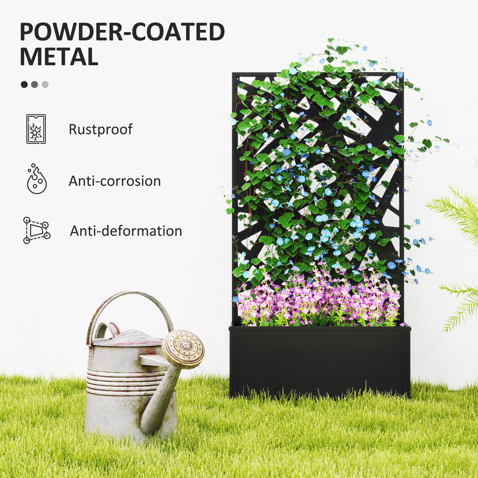 Raised Garden Bed with Trellis, Freestanding/Wall Mounted Metal Garden Box with Privacy Panel, Irregular Line Cut-Outs