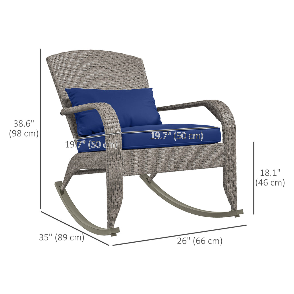 Adirondack Chair, Outdoor Wicker Rocking Chair with High Back, Seat Cushion and Pillow for Porch, Balcony, Dark Blue