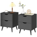 Modern Bedside Table Set of 2, Nightstand with 2 Drawers and Pine Wood Legs for Bedroom, Black