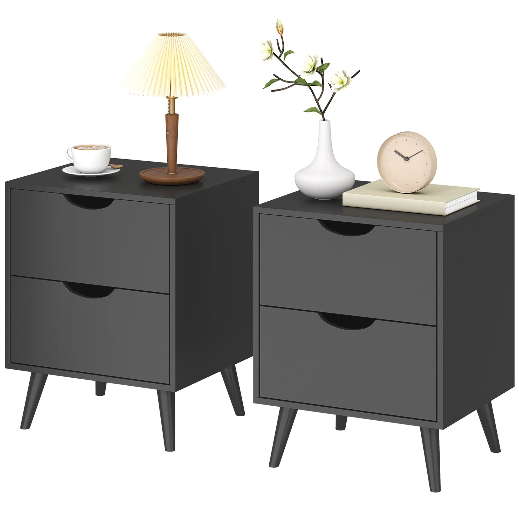 Modern Bedside Table Set of 2, Nightstand with 2 Drawers and Pine Wood Legs for Bedroom, Black