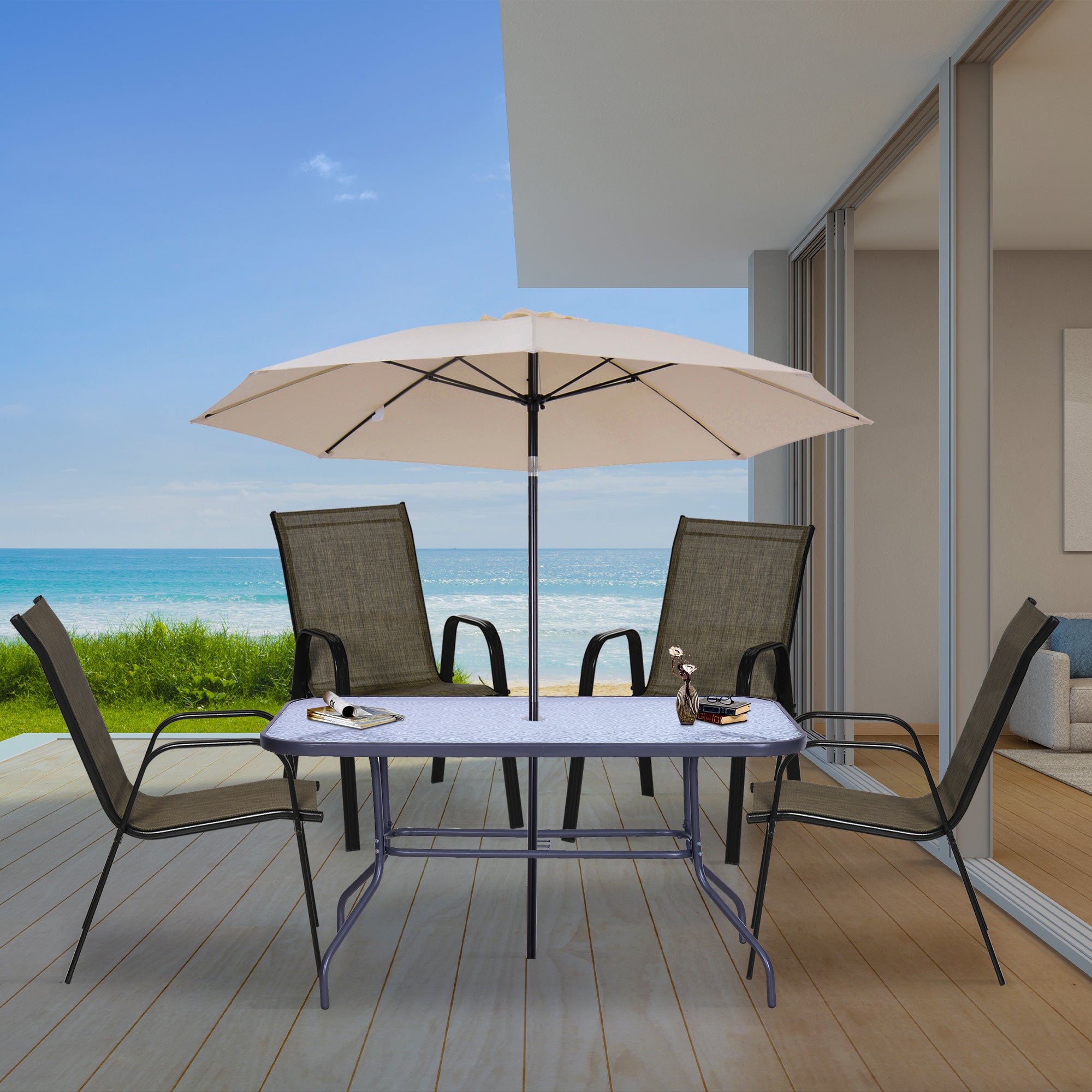 Set of 4 Outdoor Dining Chairs, Heavy Duty Stackable Patio Dining Set with Armrests for Balcony Garden, Brown and Black