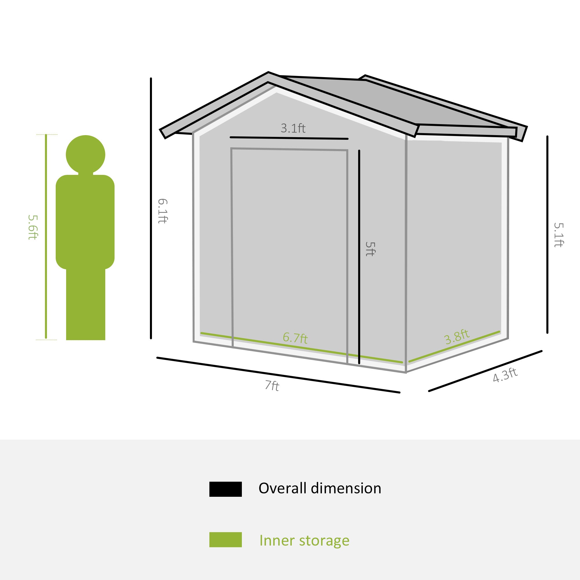 7' x 4' x 6' Garden Storage Shed Outdoor Patio Metal Tool Storage House w/ Foundation Kit and Double Doors Green