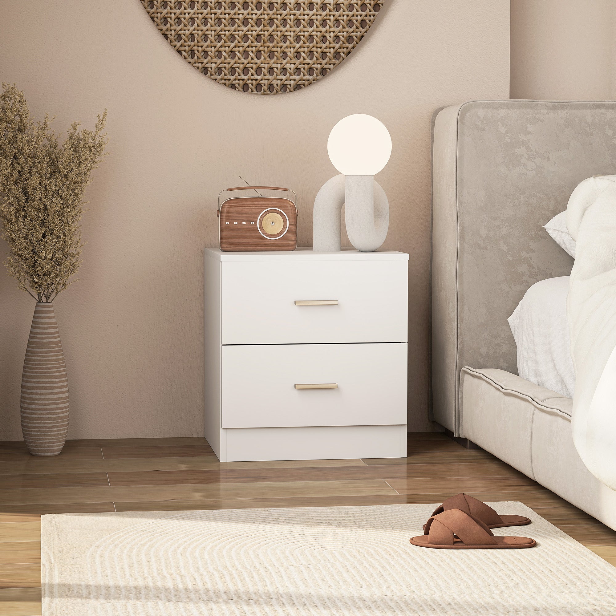 Bedside Table with 2 Drawers, Modern Nightstand for Bedroom, White