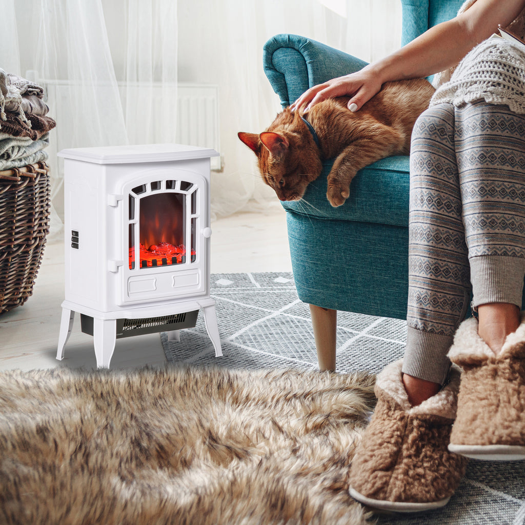 Electric Fireplace Heater, Freestanding Fireplace Stove with Realistic Flame Effect Overheat Protection 750W/1500W White