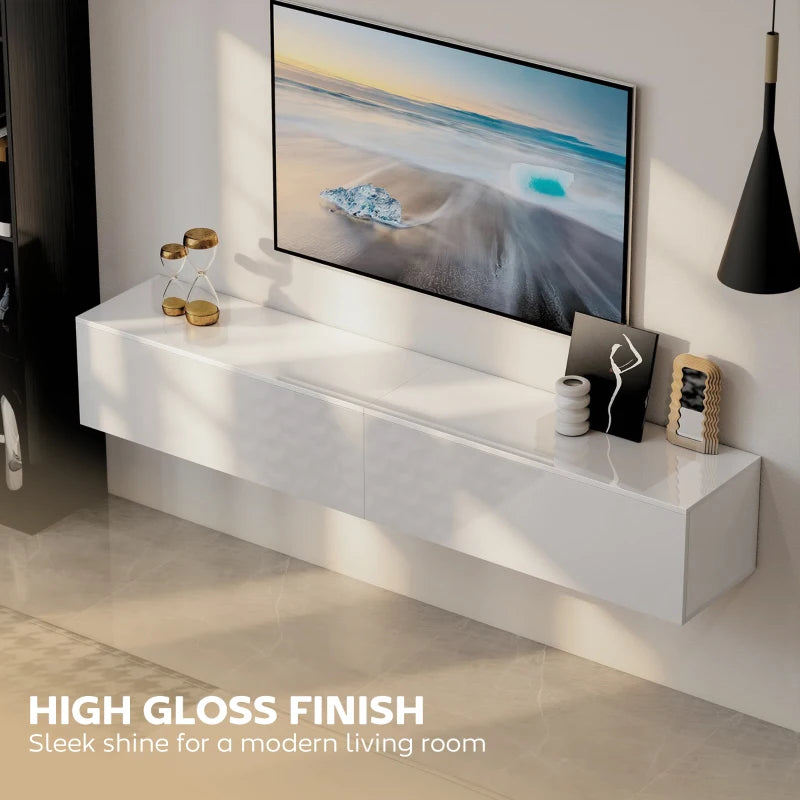 High gloss white TV console with two flip-down storage doors