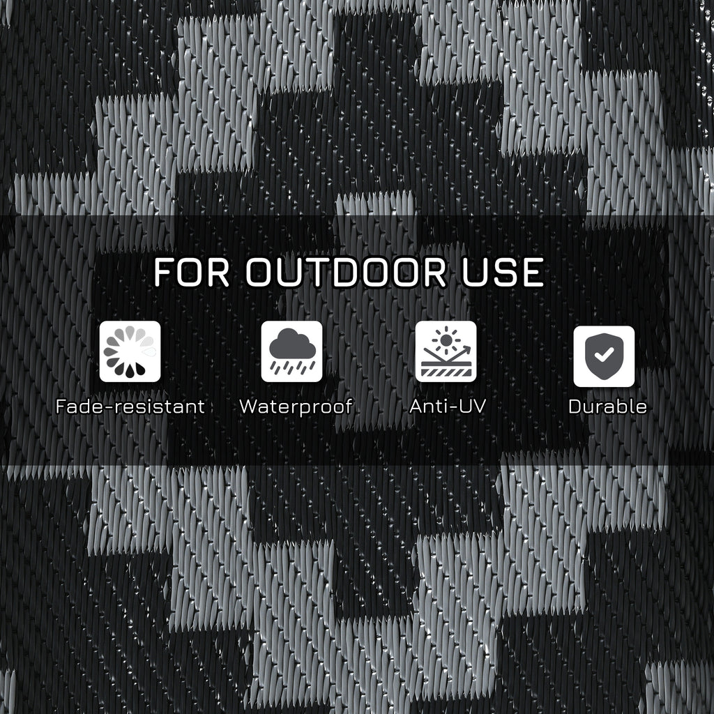 Reversible Outdoor Rug Waterproof Plastic Straw RV Rug with Carry Bag, 8' x 10', Black and Grey Geometric