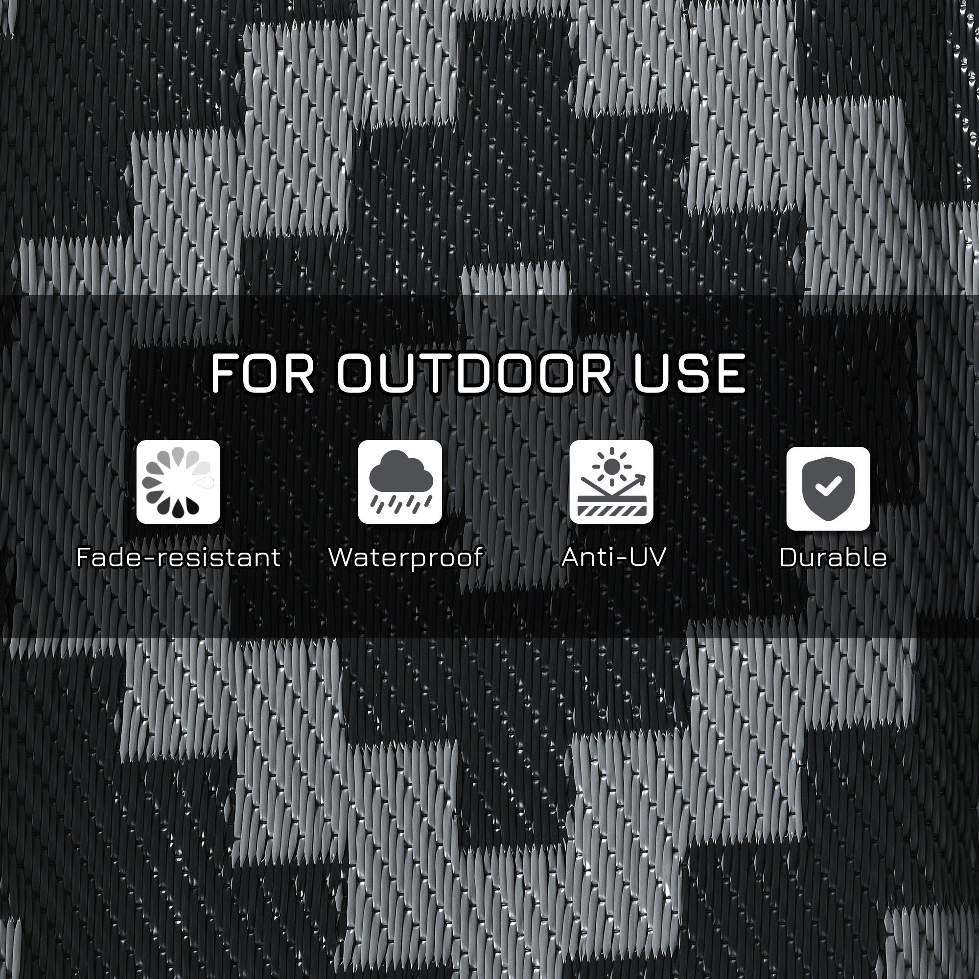 Reversible Outdoor Rug Waterproof Plastic Straw RV Rug with Carry Bag, 8' x 10', Black and Grey Geometric