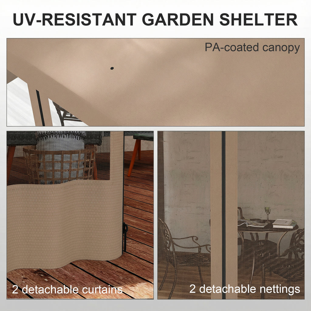 10' x 13' Wall Pergola, Outdoor Gazebo with 2 Curtains and 2 Nettings, UV Resistant, for Patio, Deck, Khaki