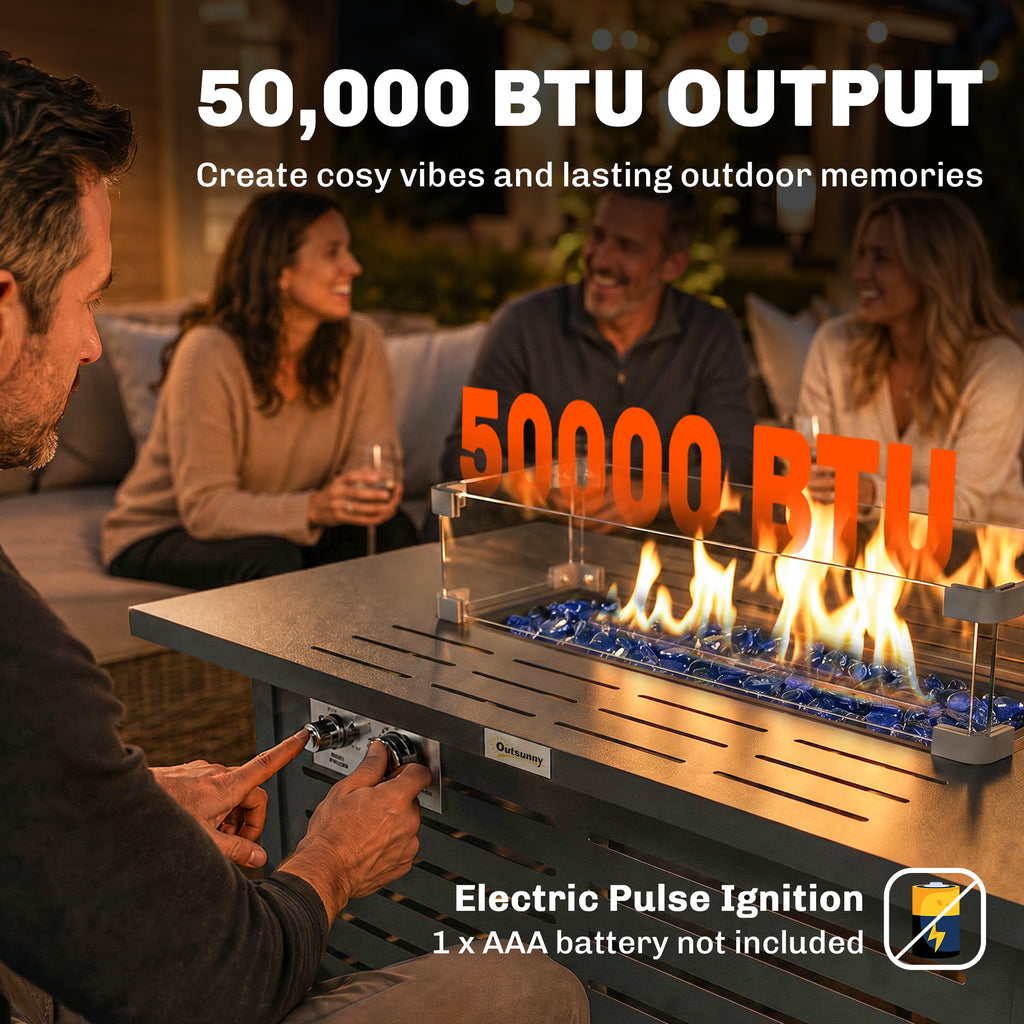 Propane Gas Fire Pit Table, Outdoor Firepit with 43" Steel Tabletop and Lid, 50,000 BTU Pulse Ignition Fire Table w/ Stainless Steel Burner, Glass Wind Guard, and Cover