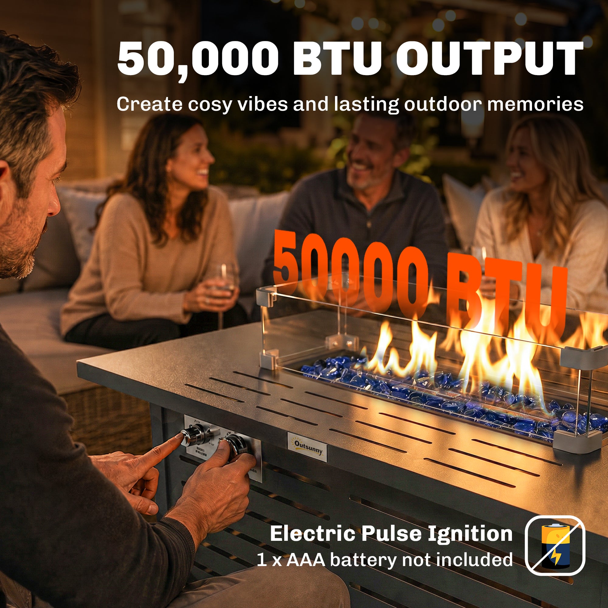 Propane Gas Fire Pit Table, Outdoor Firepit with 43" Steel Tabletop and Lid, 50,000 BTU Pulse Ignition Fire Table w/ Stainless Steel Burner, Glass Wind Guard, and Cover