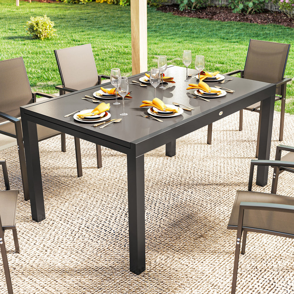 Expandable Outdoor Dining Table, 55"-95" Patio Table with Tempered Glass Top and Aluminum Frame, Black