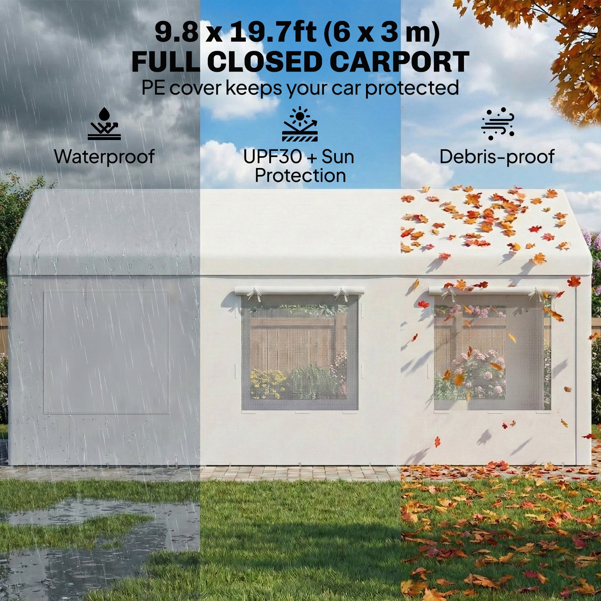 10' x 20' Heavy Duty Carport, Height Adjustable Portable Garage Car Canopy Tent Shelter with Doors, Windows, White