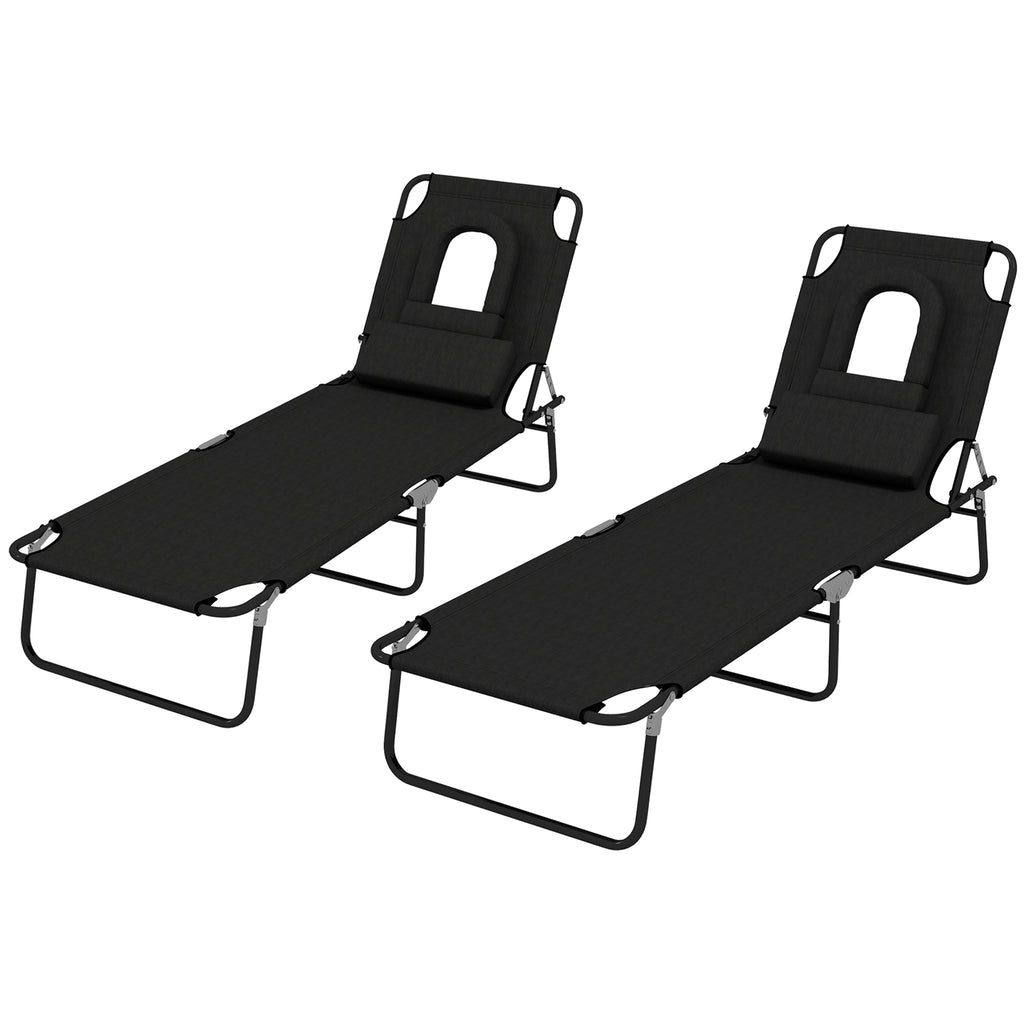 Folding Lounge Chair Set of 2, Reclining Beach Tanning Chair with Face Hole, Pillow, 4-Position Adjustable Flat Sun Lounger, Steel Frame for Outdoor Patio Pool, Black
