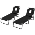 Folding Lounge Chair Set of 2, Reclining Beach Tanning Chair with Face Hole, Pillow, 4-Position Adjustable Flat Sun Lounger, Steel Frame for Outdoor Patio Pool, Black