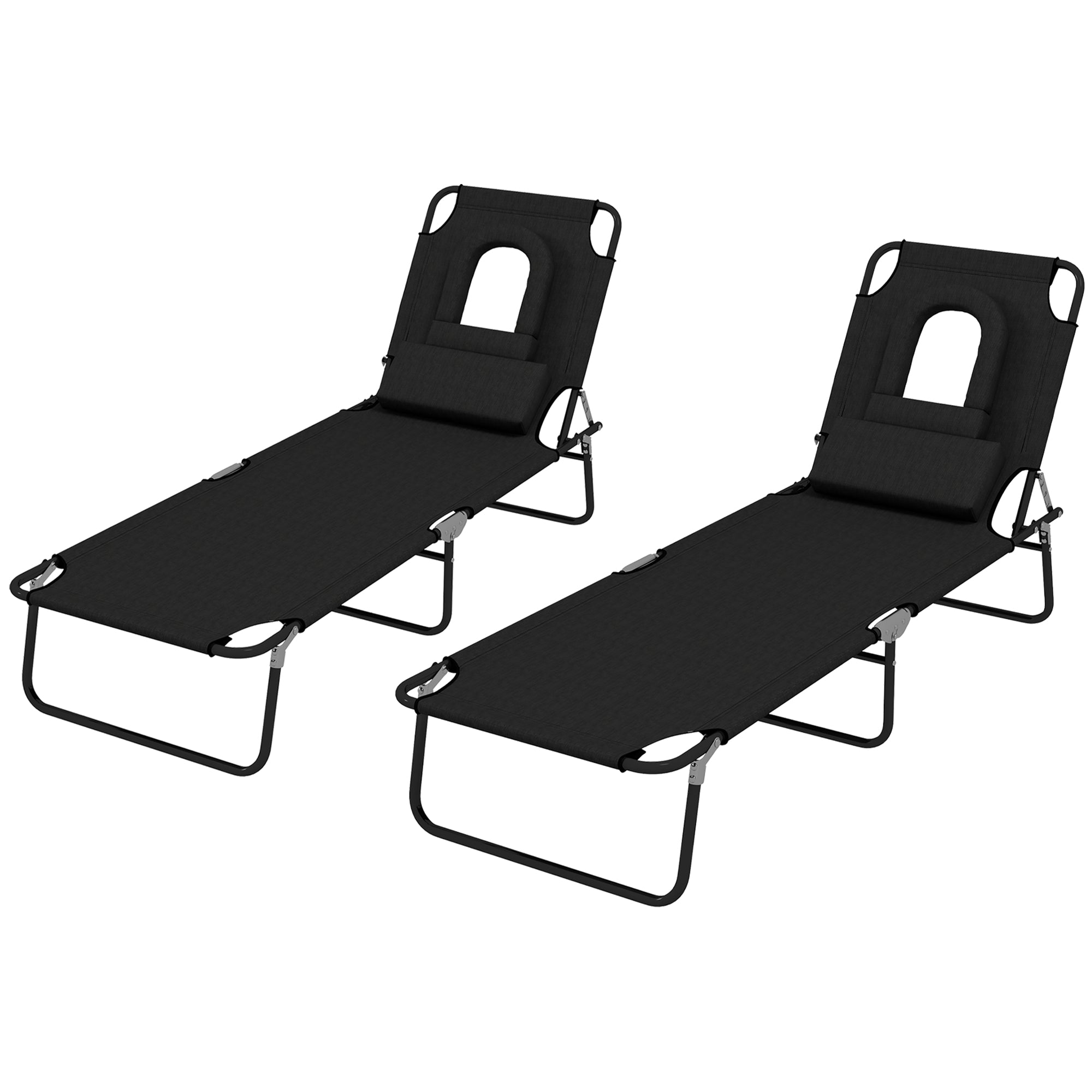 Folding Lounge Chair Set of 2, Reclining Beach Tanning Chair with Face Hole, Pillow, 4-Position Adjustable Flat Sun Lounger, Steel Frame for Outdoor Patio Pool, Black