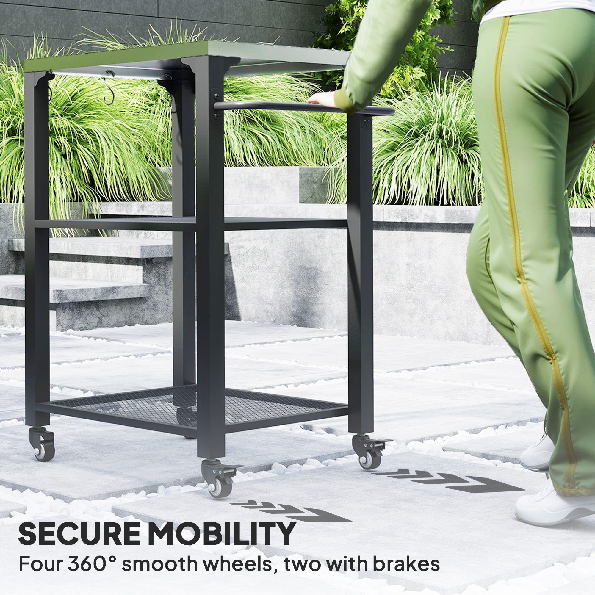 3-Shelf Outdoor Grill Cart Table with Stainless Steel Top, Hooks, Pizza Oven Stand on Wheels