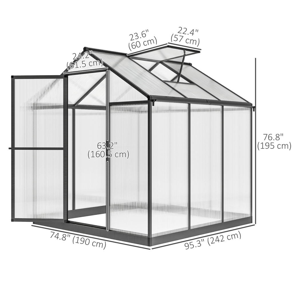 6' x 8' x 6.4' Polycarbonate Greenhouse, Aluminum Walk-In Green House Kit Garden, Plants Grow with Rain Gutter and Roof Vent, Charcoal Grey