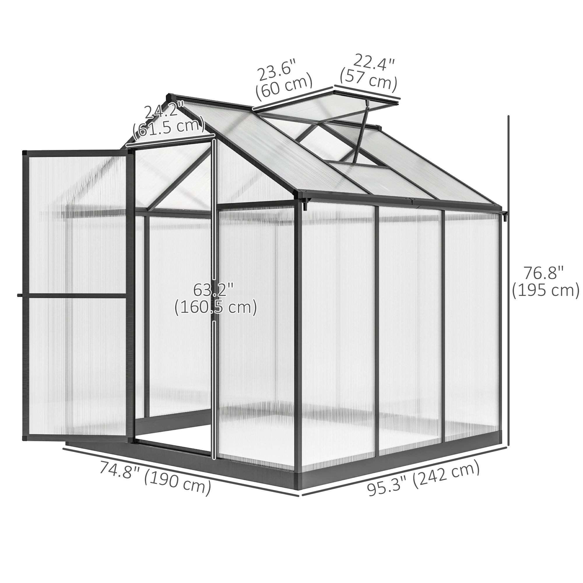 6' x 8' x 6.4' Polycarbonate Greenhouse, Aluminum Walk-In Green House Kit Garden, Plants Grow with Rain Gutter and Roof Vent, Charcoal Grey