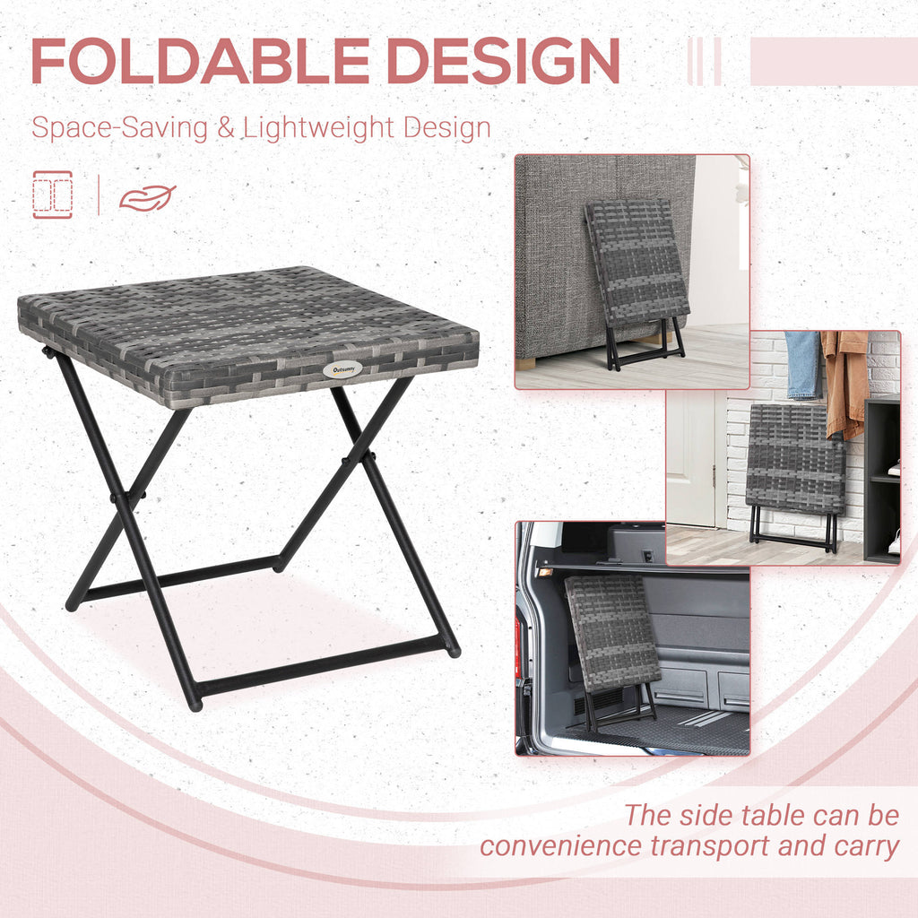 Rattan Coffee Table Folding Patio Outdoor Side Table Wicker for Balcony, Porch, Poolside, 15.75"x15.75"x15.75", Grey