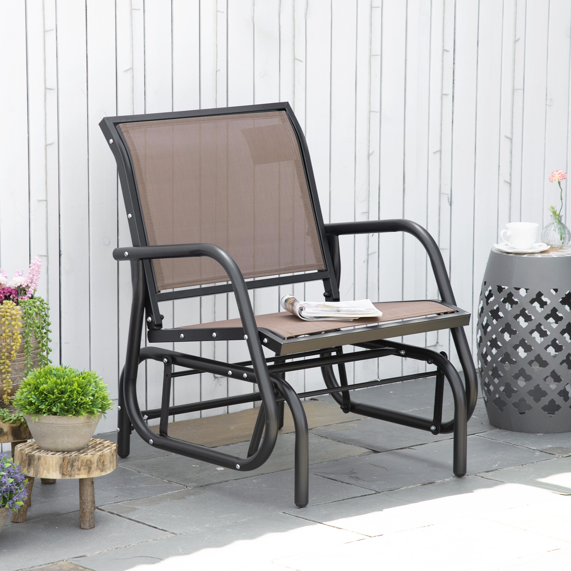 Patio Glider Outdoor Glider Chair with Breathable Mesh Seat & Backrest, Armrests and Metal Frame, Brown
