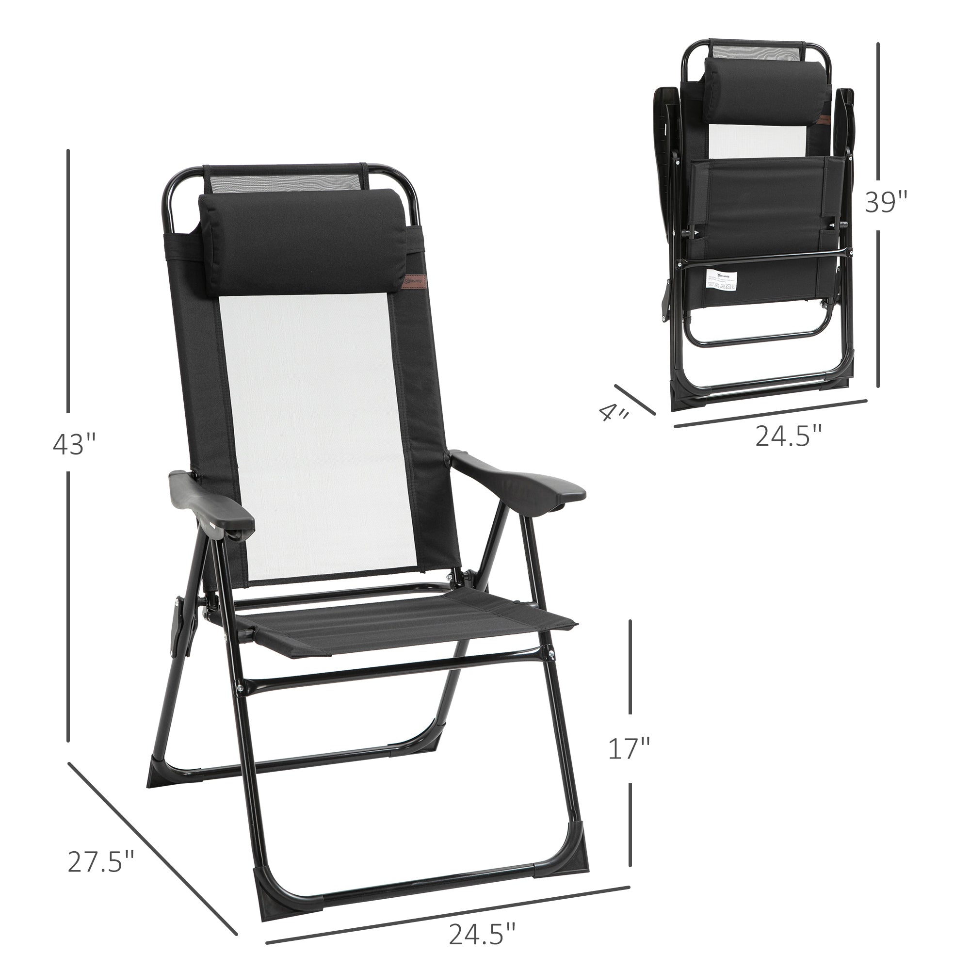 Set of 4 Camping Chairs, Outdoor Folding Lounge Chair Set with 5 Level Adjustable Backrest, Removable Headrest, Armrest for Camping, Backyard, Black