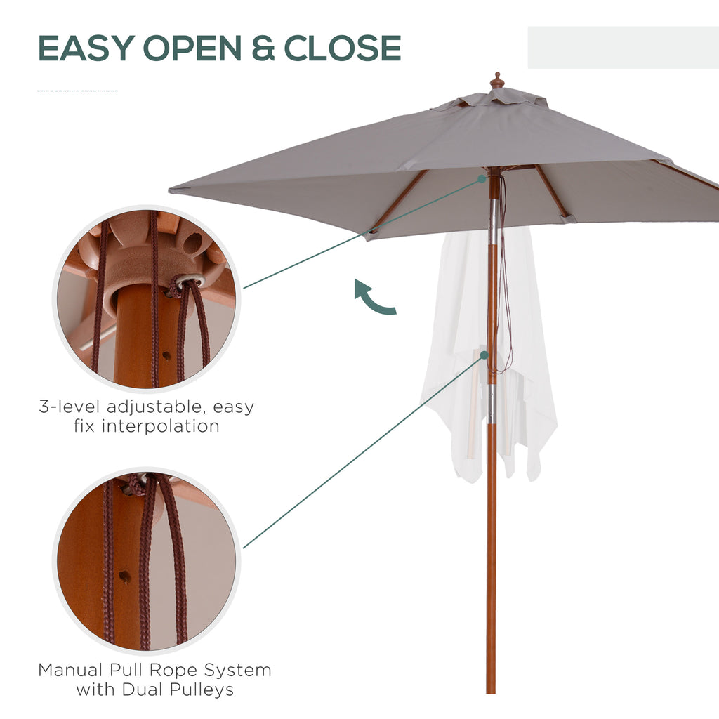 6.6 x 5ft Fir Wooden Patio Umbrella Market Parasol Tilt Mechanism 6 Ribs Garden Sunshade, Grey